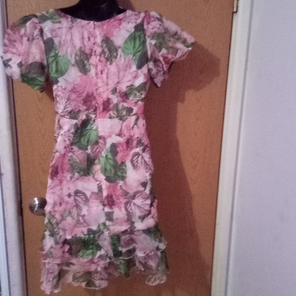Floral Puff Sleeve‎ Mini Dress Pink Green Sweetheart Neck Ruffle Hem Tiered L - Picture 6 of 10